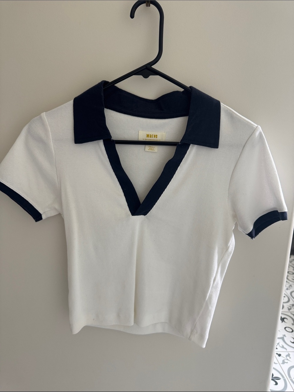 Maeve White Short Sleeve Polo-Style Top with Navy Trim